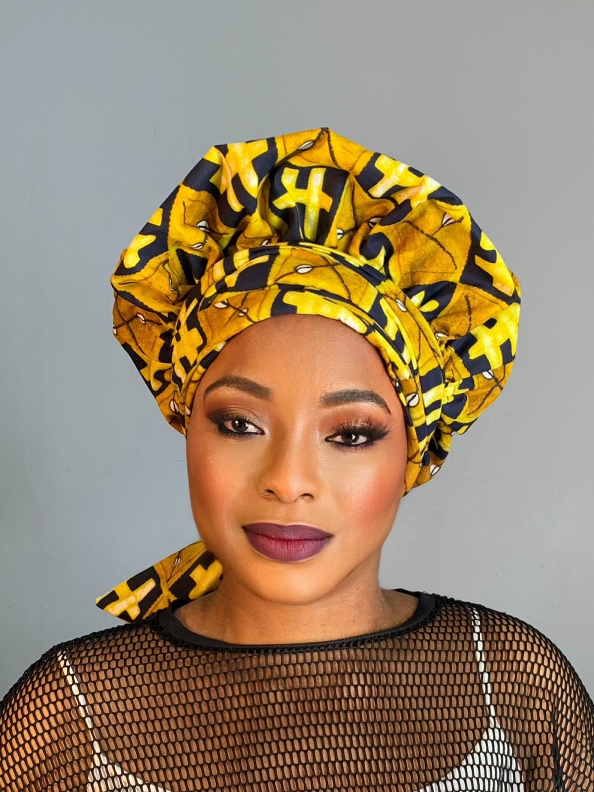 Bonnet Wax Satin en Turban Satin Lined Hair Motif H
