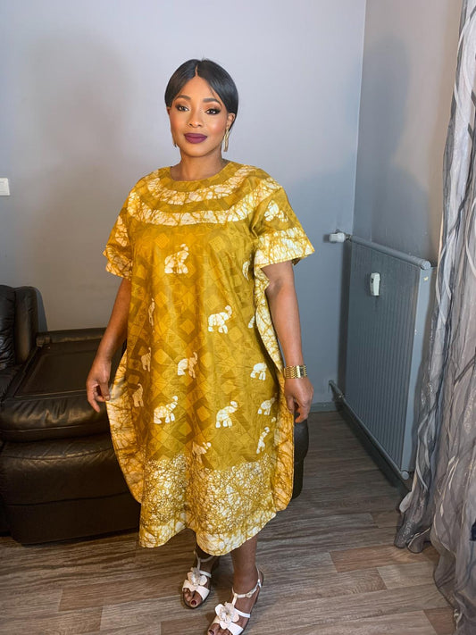 Robe Bazin Batik Moutarde Style Bohème Motif Éléphants Robes Moutarde Design, l'art 100% Coton très doux