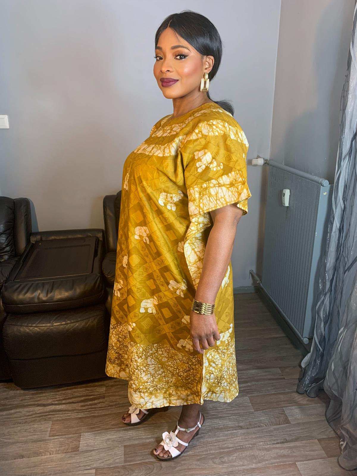 Robe Bazin Batik Moutarde Style Bohème Motif Éléphants Robes Moutarde Design, l'art 100% Coton très doux