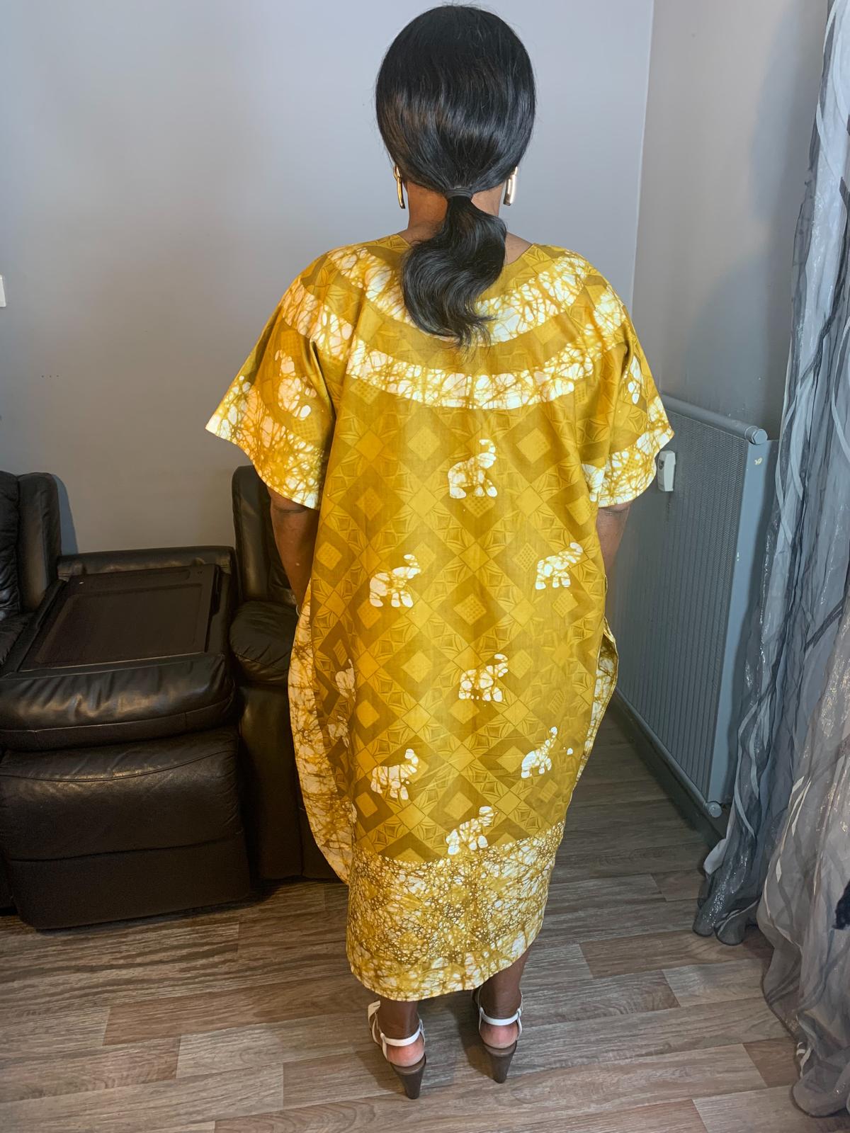 Robe Bazin Batik Moutarde Style Bohème Motif Éléphants Robes Moutarde Design, l'art 100% Coton très doux
