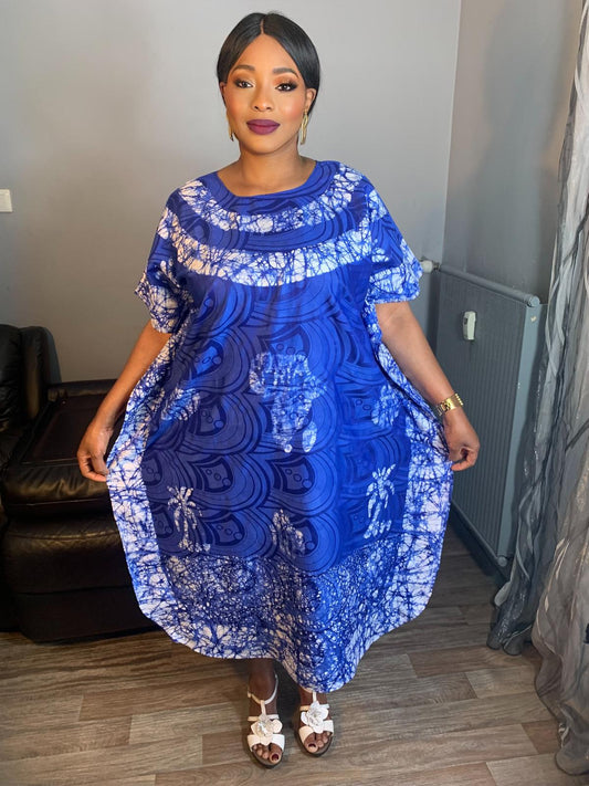 Robe Bazin Batik Bleu Roi  Style Bohème a  Motifs, Design. Motif Palmier Afrique 100% Coton Très Doux