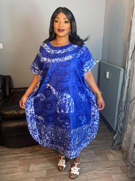 Robe Bazin Batik Style Bohème  Motif: Éléphant Bleu Roi Robes Design, Lart 100% Coton très doux