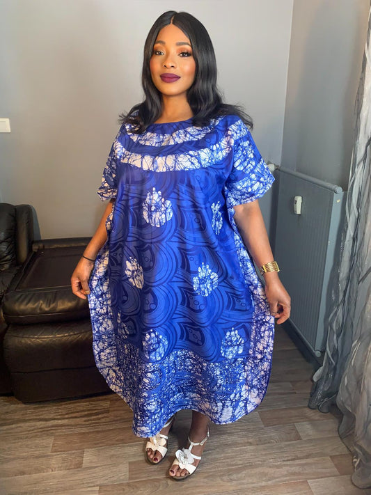 Robe Bazin Batik Bleu Roi Style Bohème a Motif, Design Motif casa samba. L'art 100% Coton très doux