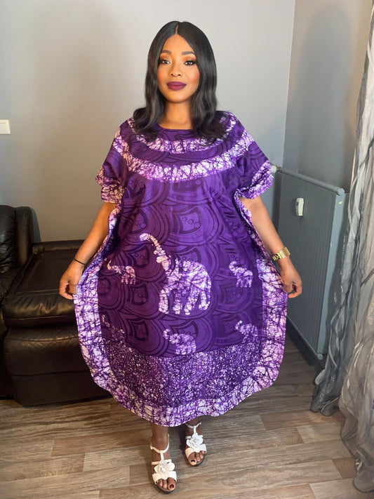 Robe Bazin Batik Style Bohème a Motifs Violet Mauve,Design Motif Éléphants L'art 100% Coton très doux.