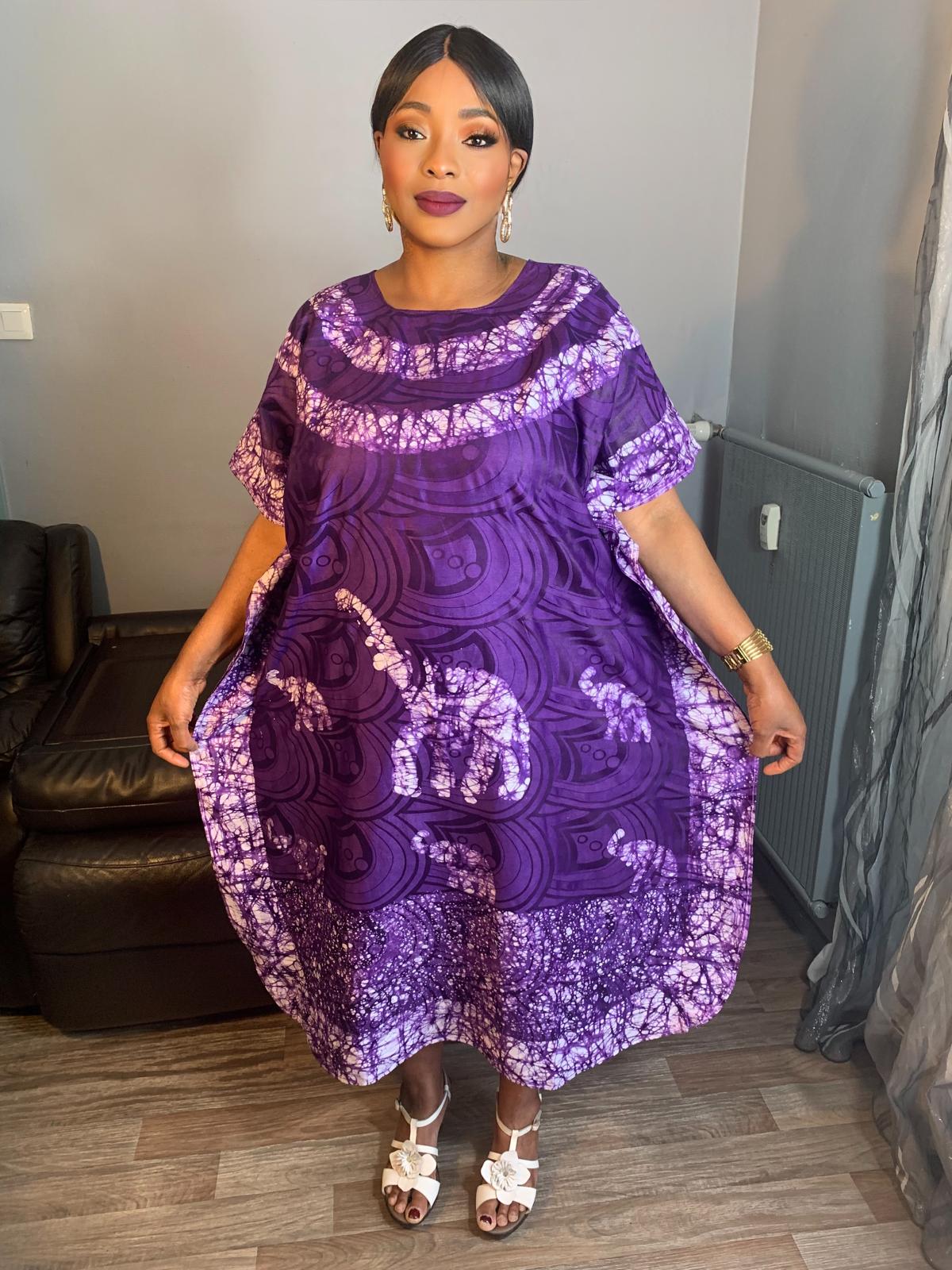 Robe Bazin Batik Style Bohème a Motifs Violet Mauve,Design Motif Éléphants L'art 100% Coton très doux.