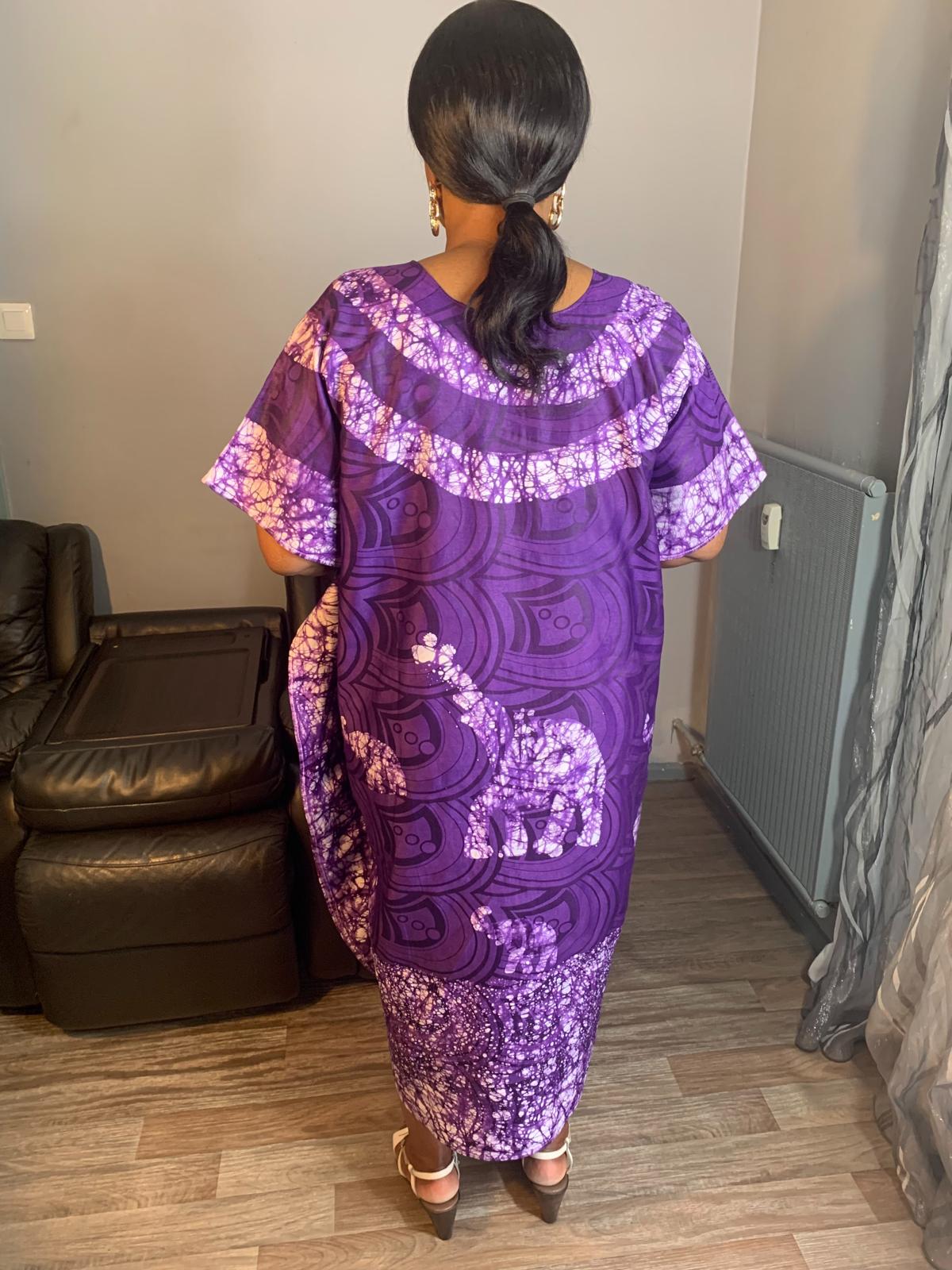 Robe Bazin Batik Style Bohème a Motifs Violet Mauve,Design Motif Éléphants L'art 100% Coton très doux.