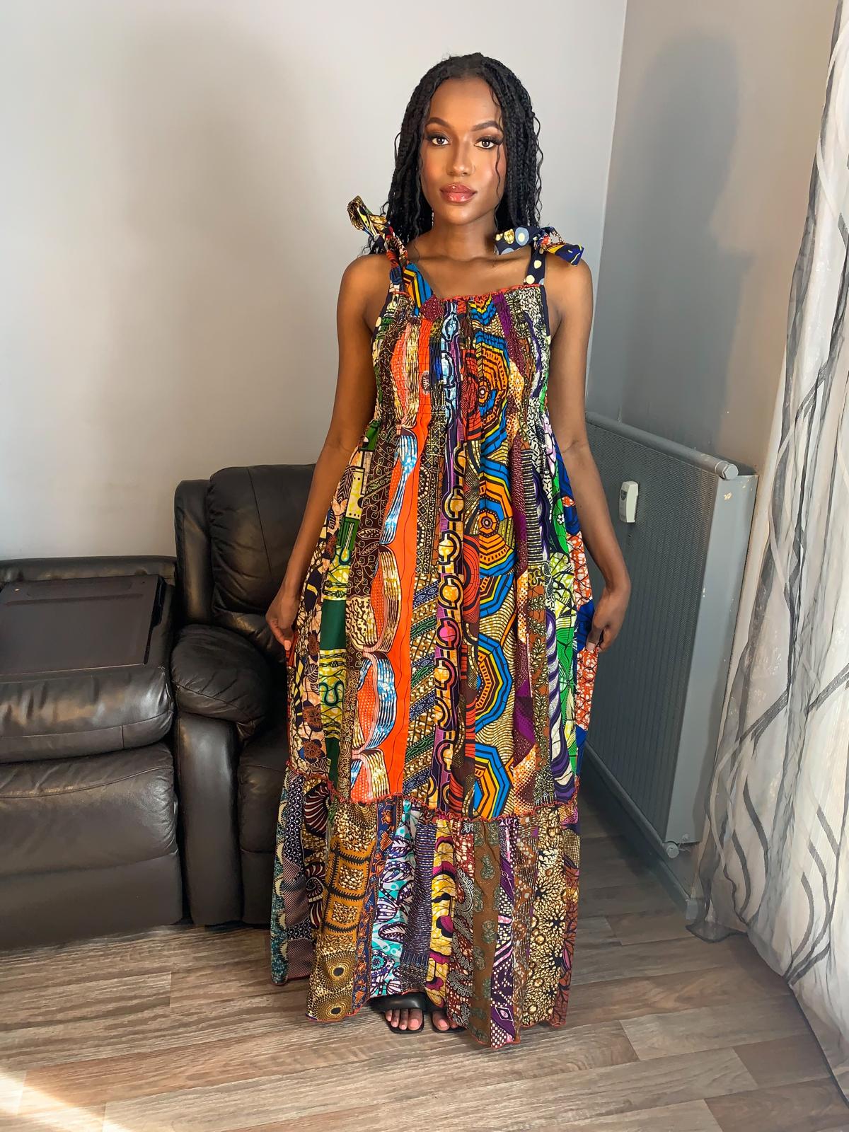 Robe Patchwork Longue Multicolore Wax de Qualité Tendance 100%Coton