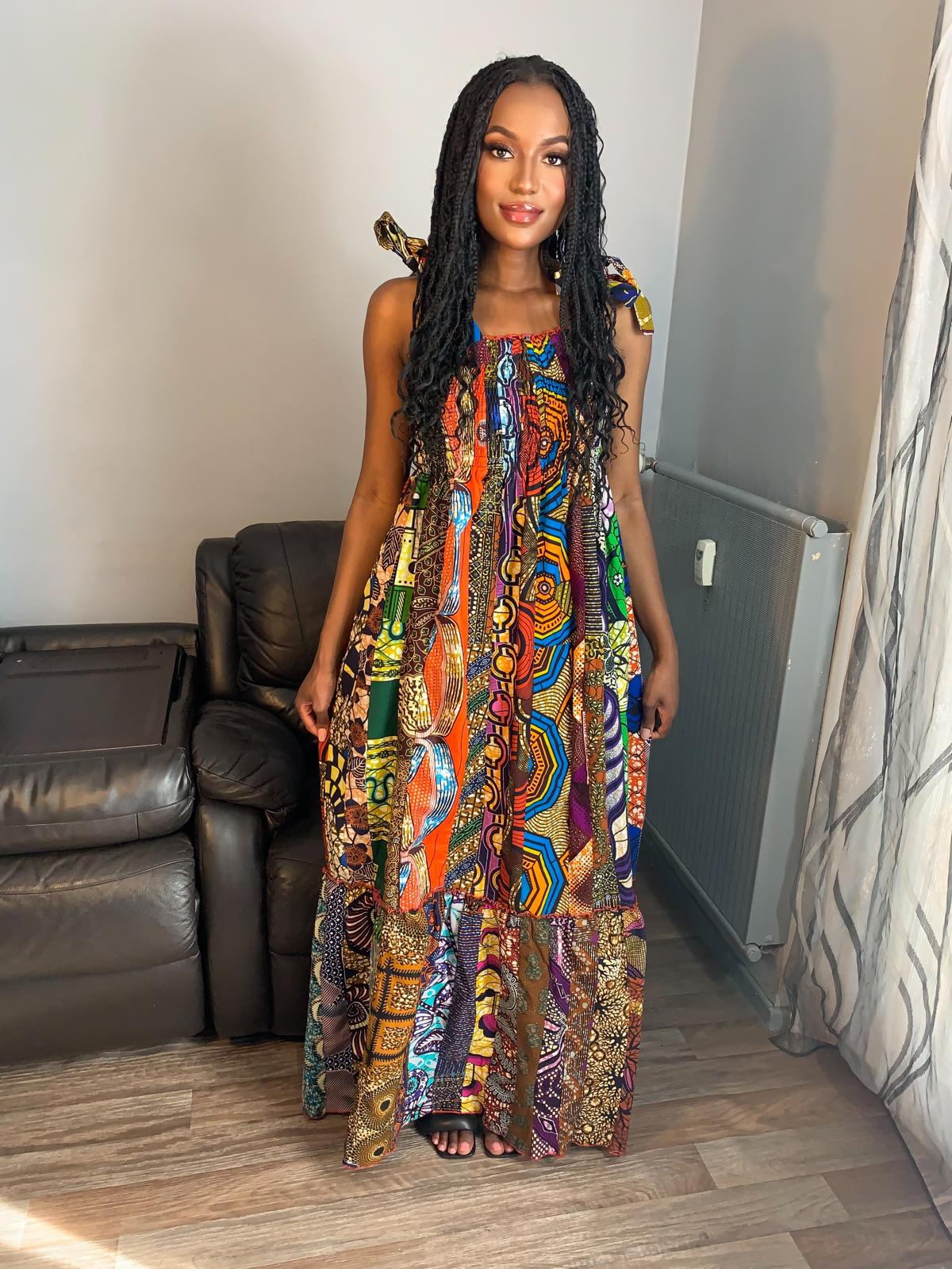 Robe Patchwork Longue Multicolore Wax de Qualité Tendance 100%Coton