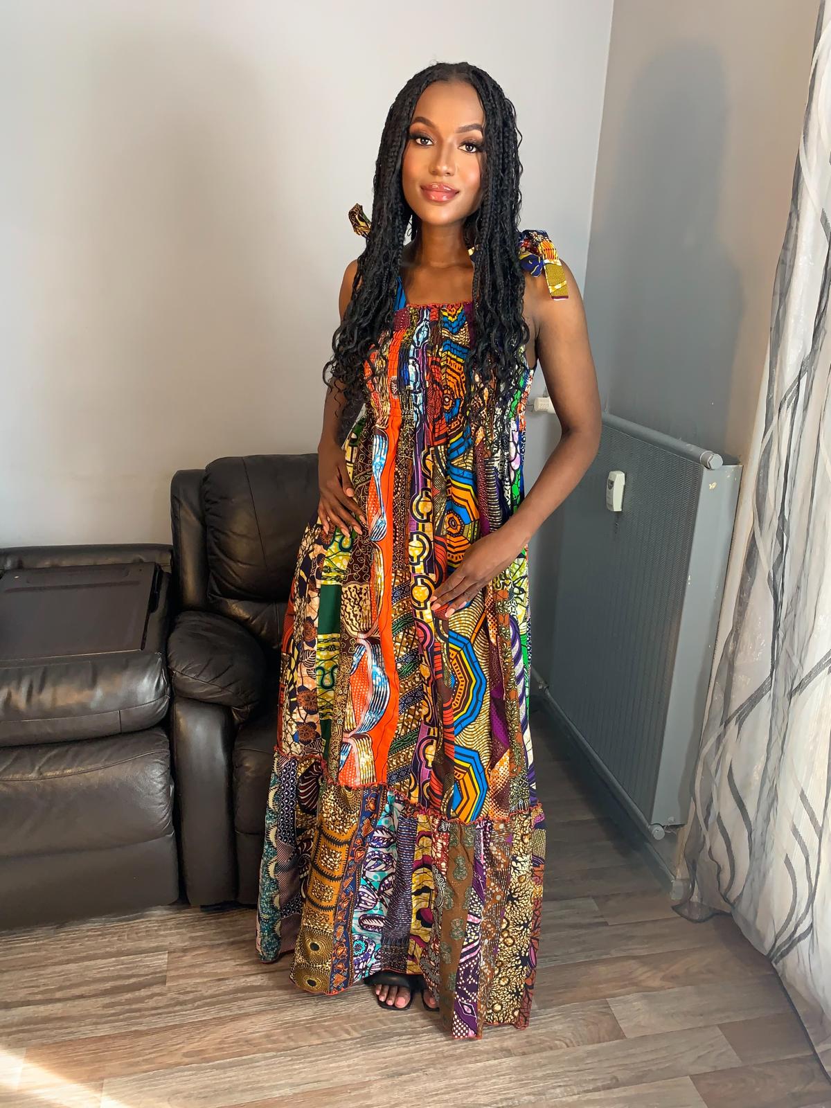 Robe Patchwork Longue Multicolore Wax de Qualité Tendance 100%Coton