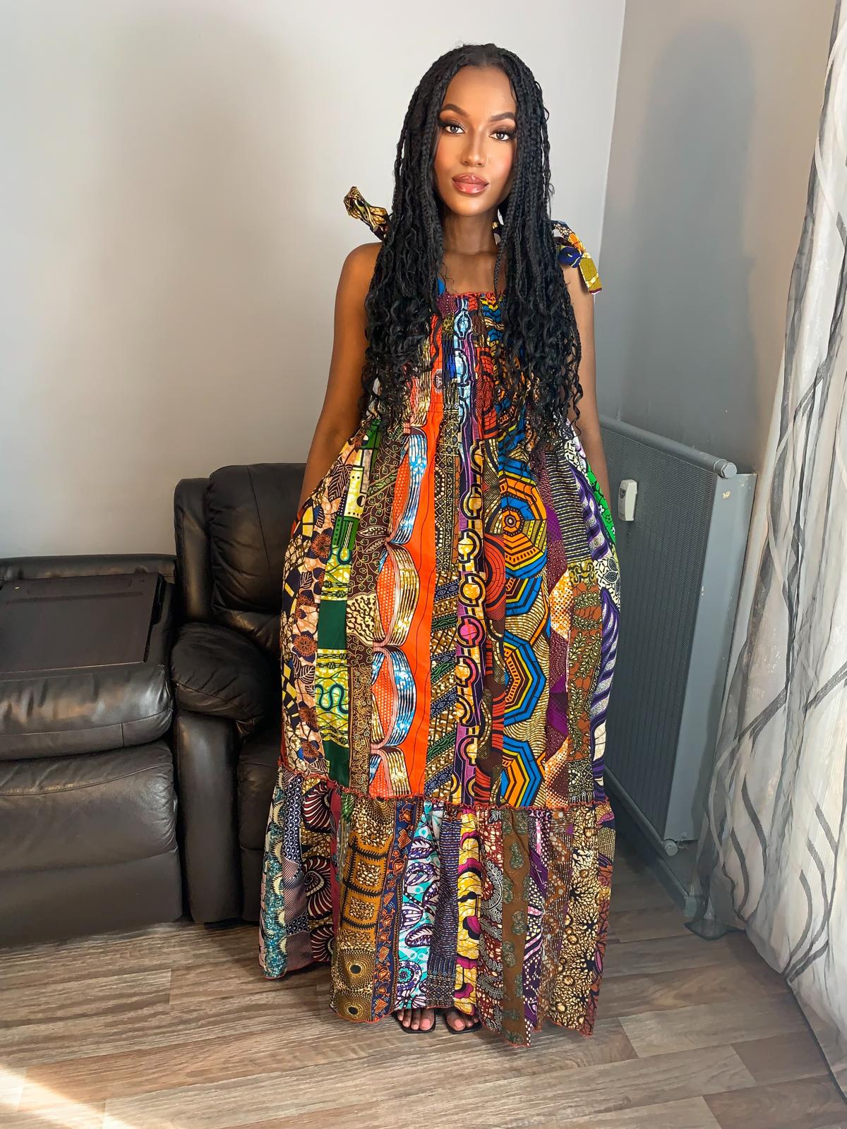 Robe Patchwork Longue Multicolore Wax de Qualité Tendance 100%Coton