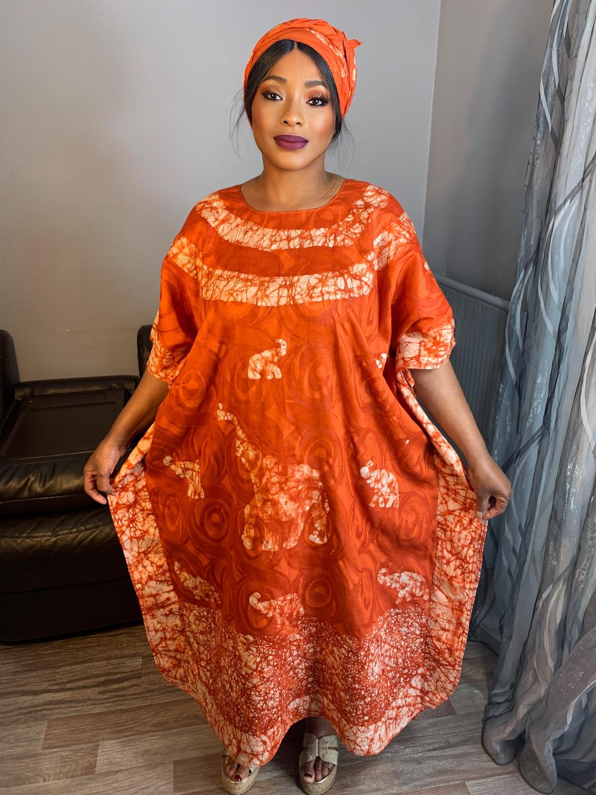 Robe Longue Bazin Batik Style Bohème a Motifs avec Foulard 100% Coton très doux design art