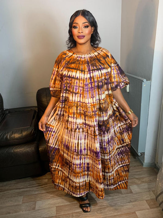 Robe Longue Batik Makeba  Tie and Dye, multicolores,100% coton.