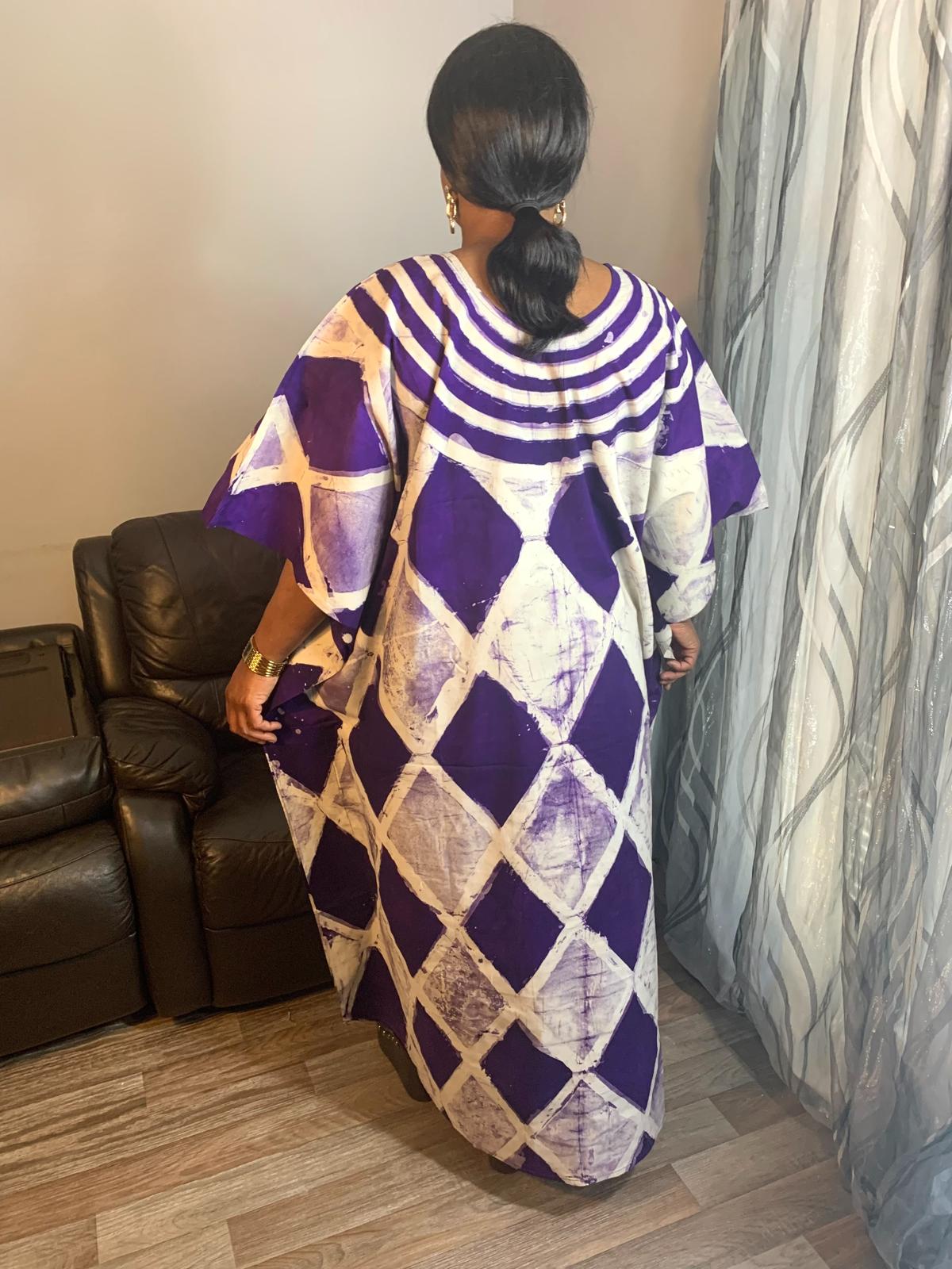 Lila Batik Adire Langes Kleid Rautenmuster Handgemachtes Design 100% Baumwolle