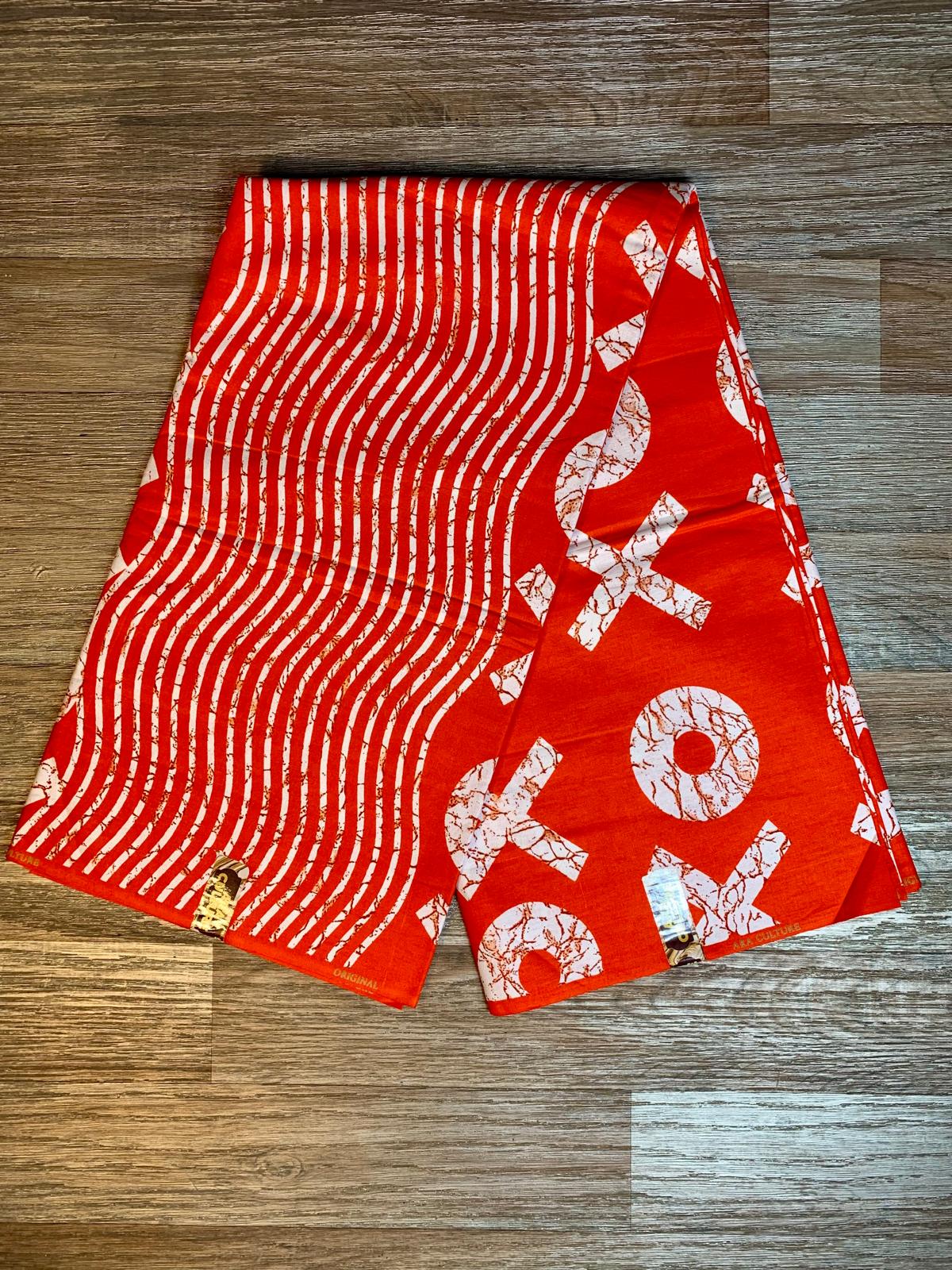 Tissus Wax Africain 100% Coton Ankara , Wax Marque Era Culture Motif OX L'original 2, 4 et 6 yards Wax Orange Blanc
