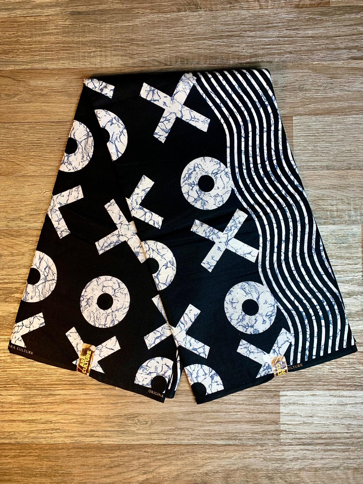 Tissus Wax Africain 100% Coton Ankara Wax Marque Era Culture Motif OX L'original 2, 4 et 6 yards Noire Blanc