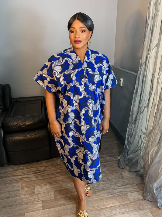 Robe Femme Wax, Ankara 100%Coton  Robe Midi motif : Fleurs de Mariages Bleus