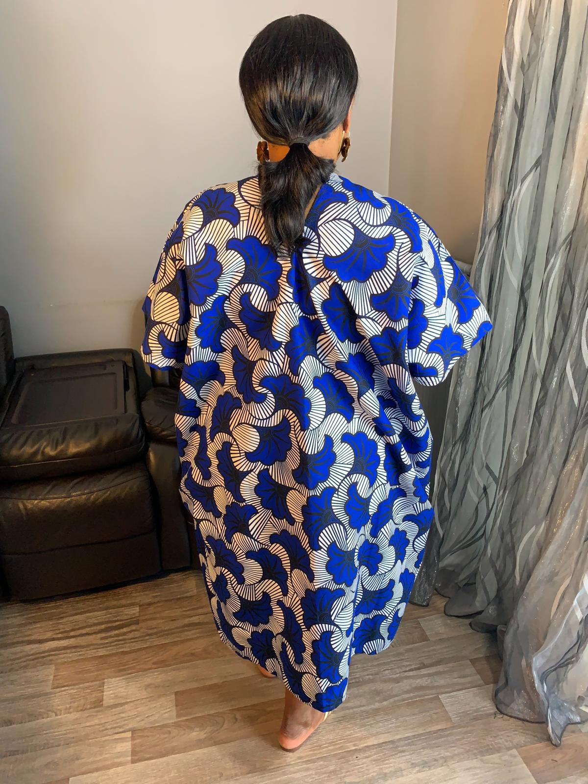 Robe Femme Wax, Ankara 100%Coton Robe Midi motif : Fleurs de Mariages Bleus