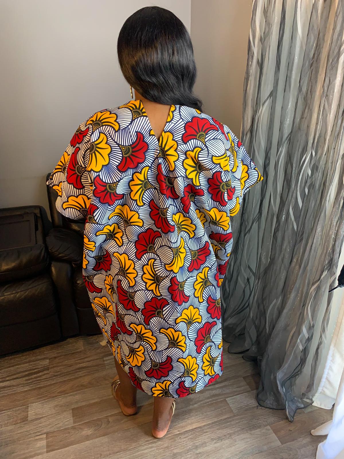 Robe Femme Wax, Ankara 100%Coton Robe Midi Motif Fleur de Mariage Rouges.