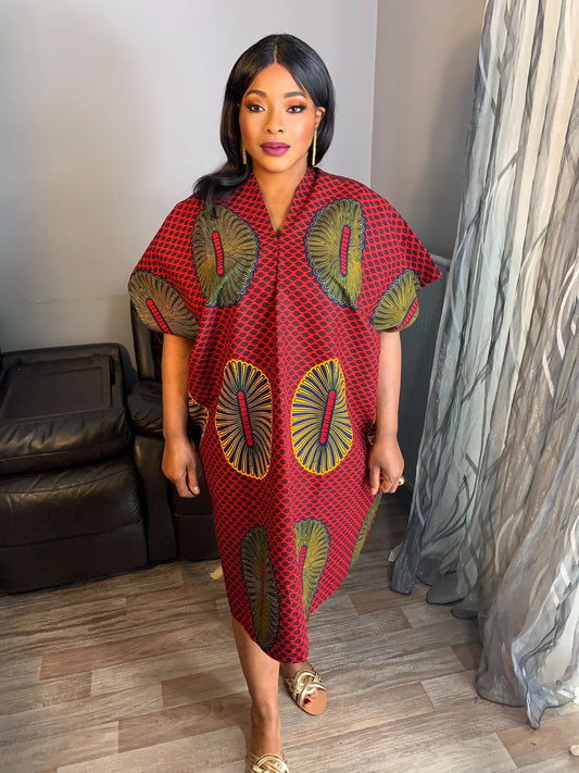 Robe Femme Wax, Ankara 100%Coton Robe Midi motif : Collection Rouge Jaune