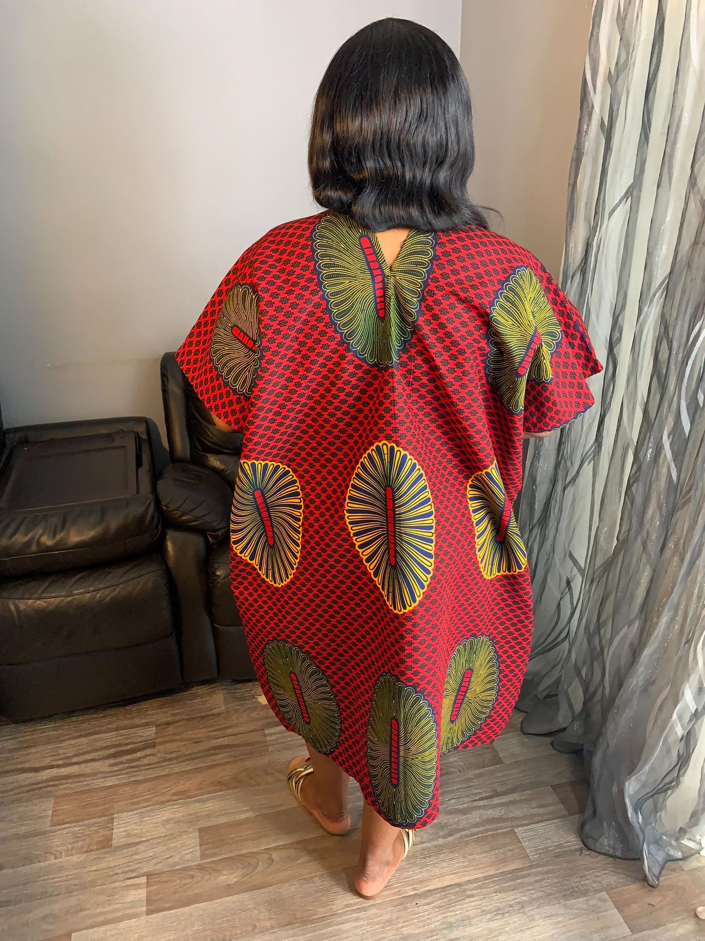Robe Femme Wax, Ankara 100%Coton Robe Midi motif : Collection Rouge Jaune