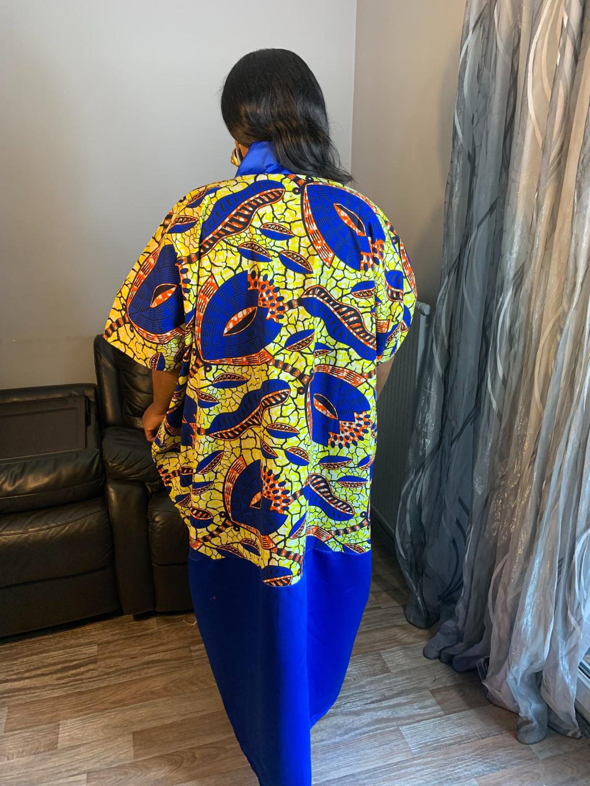 Robe Wax Duchesse Bleu Hitarget avec Col Ankara Design wax 100%Coton