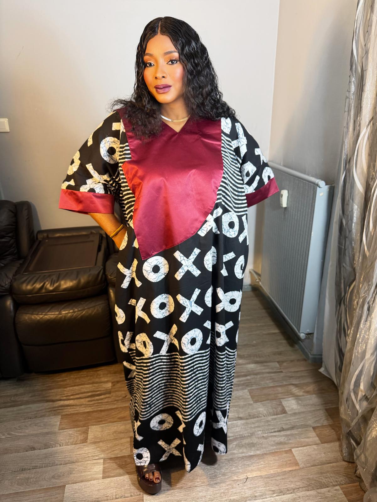 Robe Wax OX Duchesse Noir et Bordeaux Wax Ankara 100%Coton