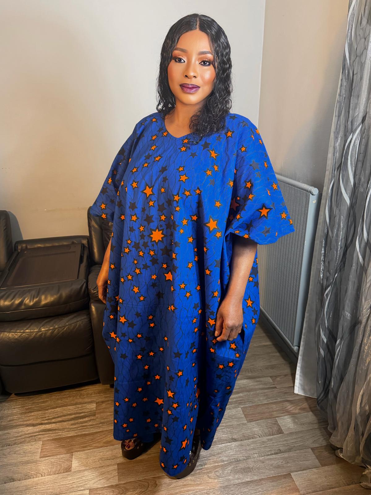 Robe Femme Wax" Boubou Caftan Col V" 100% Coton