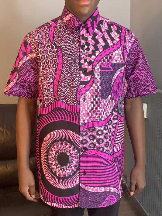 Wachshemd für Herren mit Ankara-Kragen, 100 % weiche Baumwolle, Rosa.