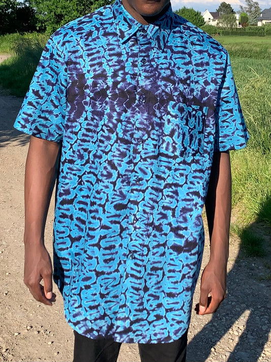 Bazin Türkisblaues Batik-Tye-and-Dye-Ankara-Oversize-Hemd mit Muster