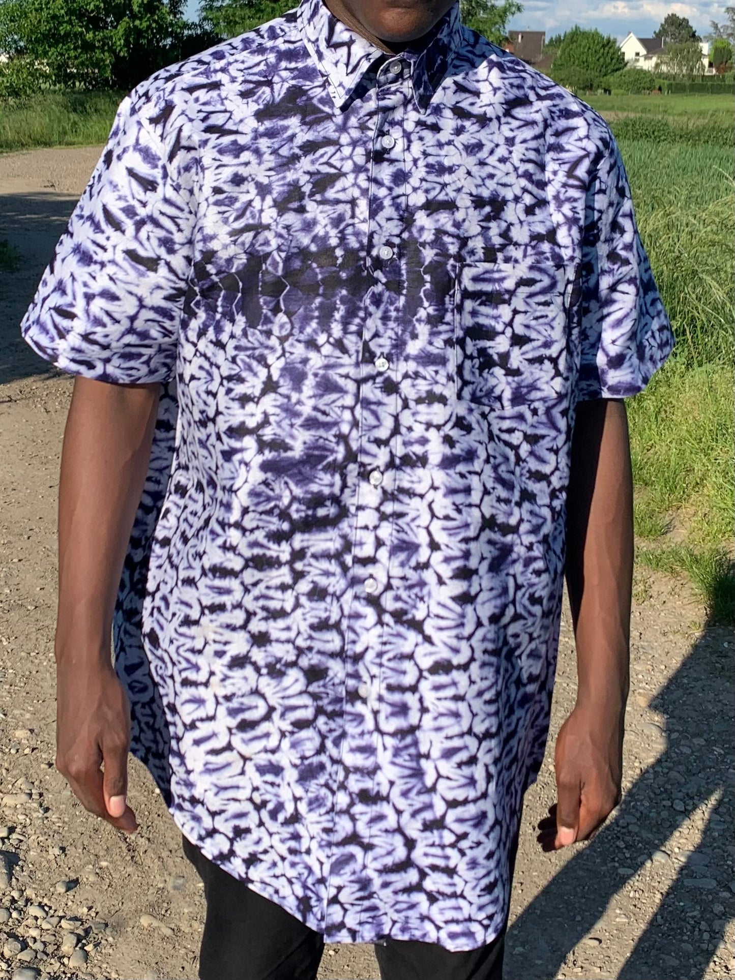 Bazin Navy Blue Batik Tye And Dye Ankara Oversized Navy Blue Shirt with Pattern