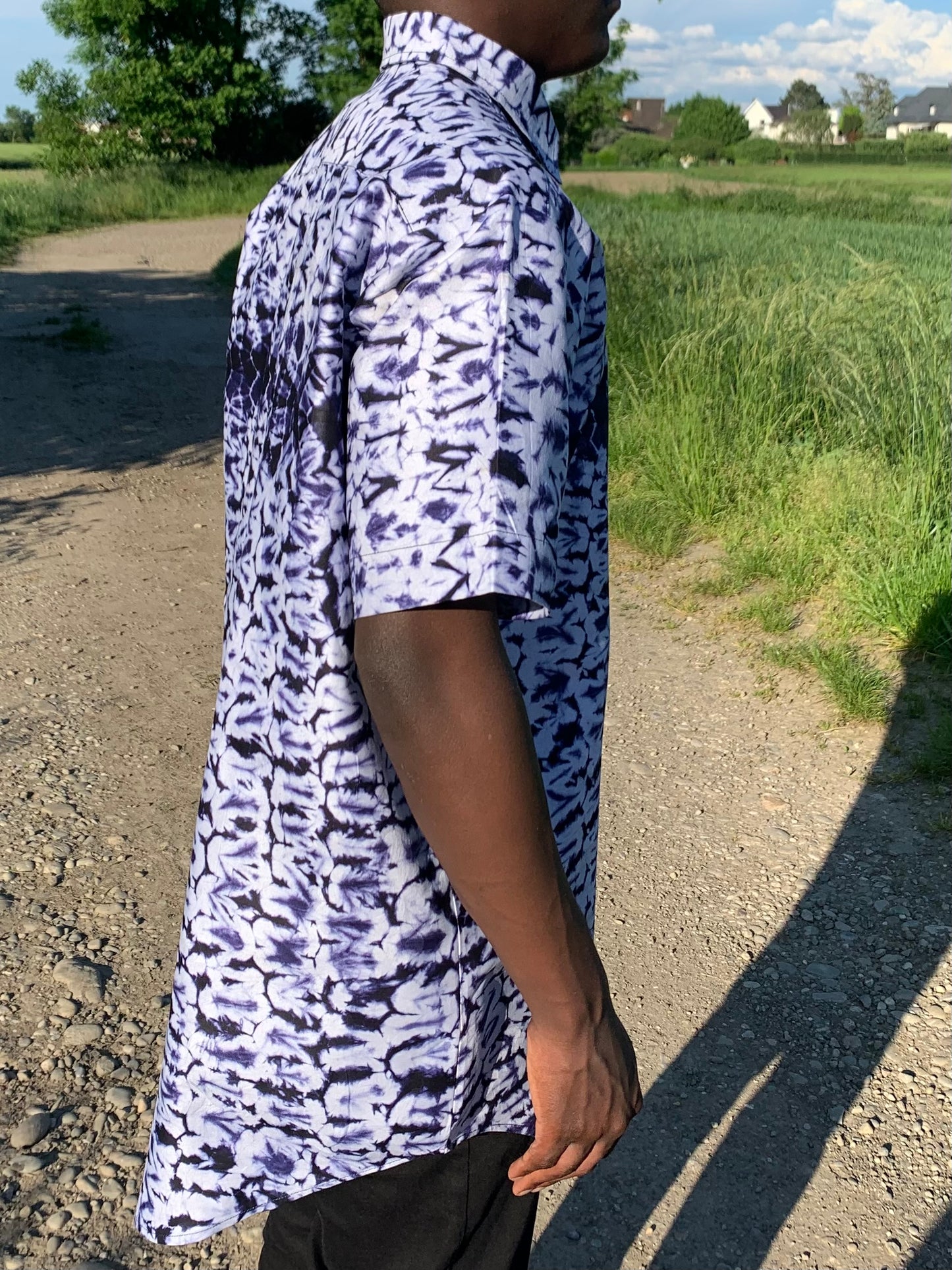 Bazin Navy Blue Batik Tye And Dye Ankara Oversized Navy Blue Shirt with Pattern