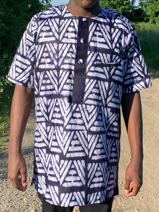 Blaues Vintage-Hemd mit Mao-Kragen für Herren