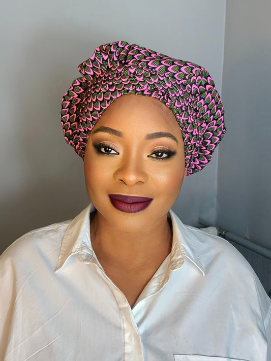 Satin-Turban-Hut Rosa | Mit Satin gefütterter Wachs-Turban