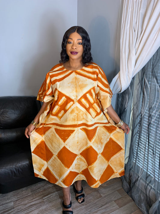 Langes Batik-Adire-Kleid, orange, handgefertigtes Design, 100 % Baumwolle