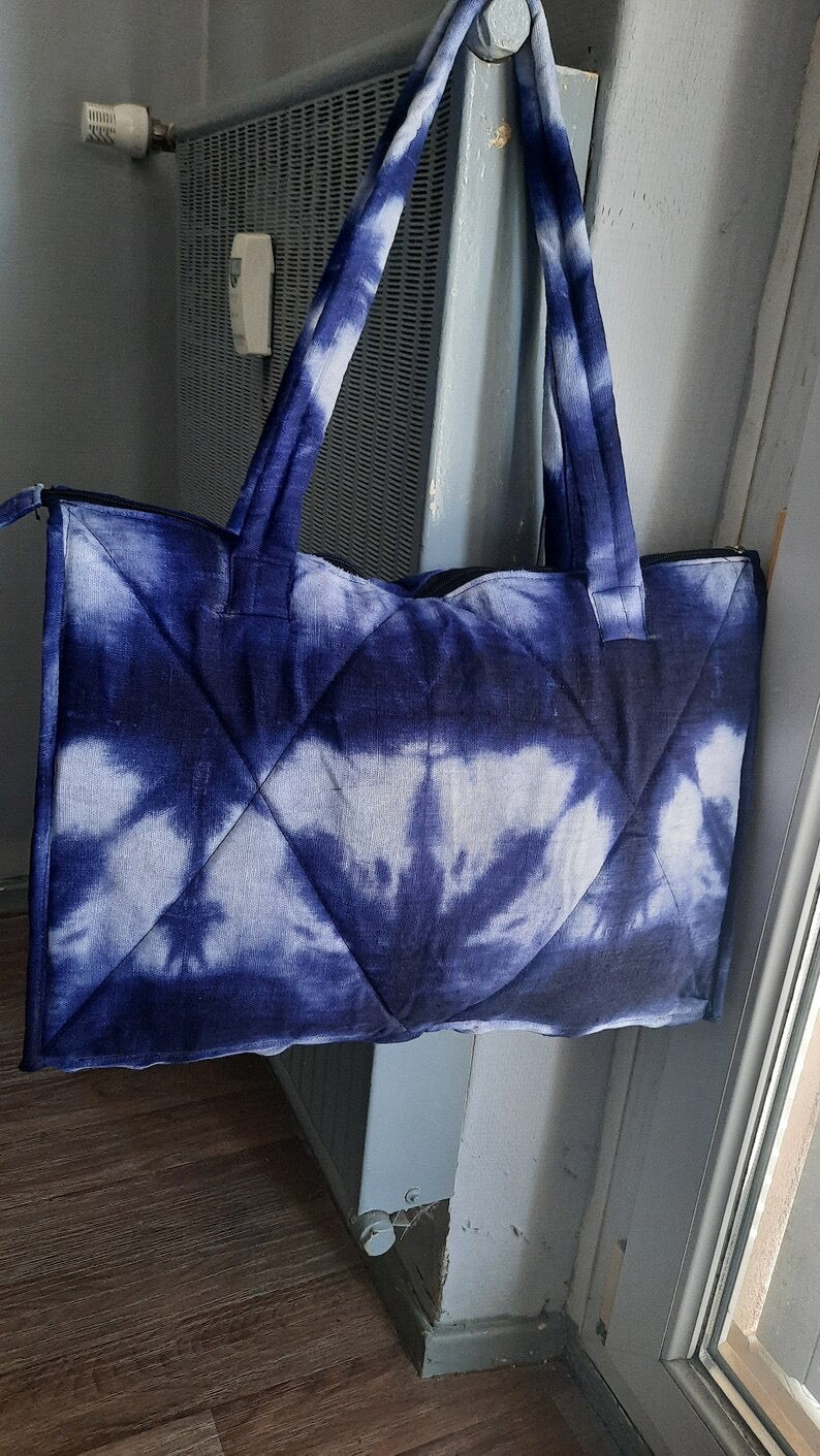Large Quilted Bag in Indigo Blue Linen for Women Rectangle