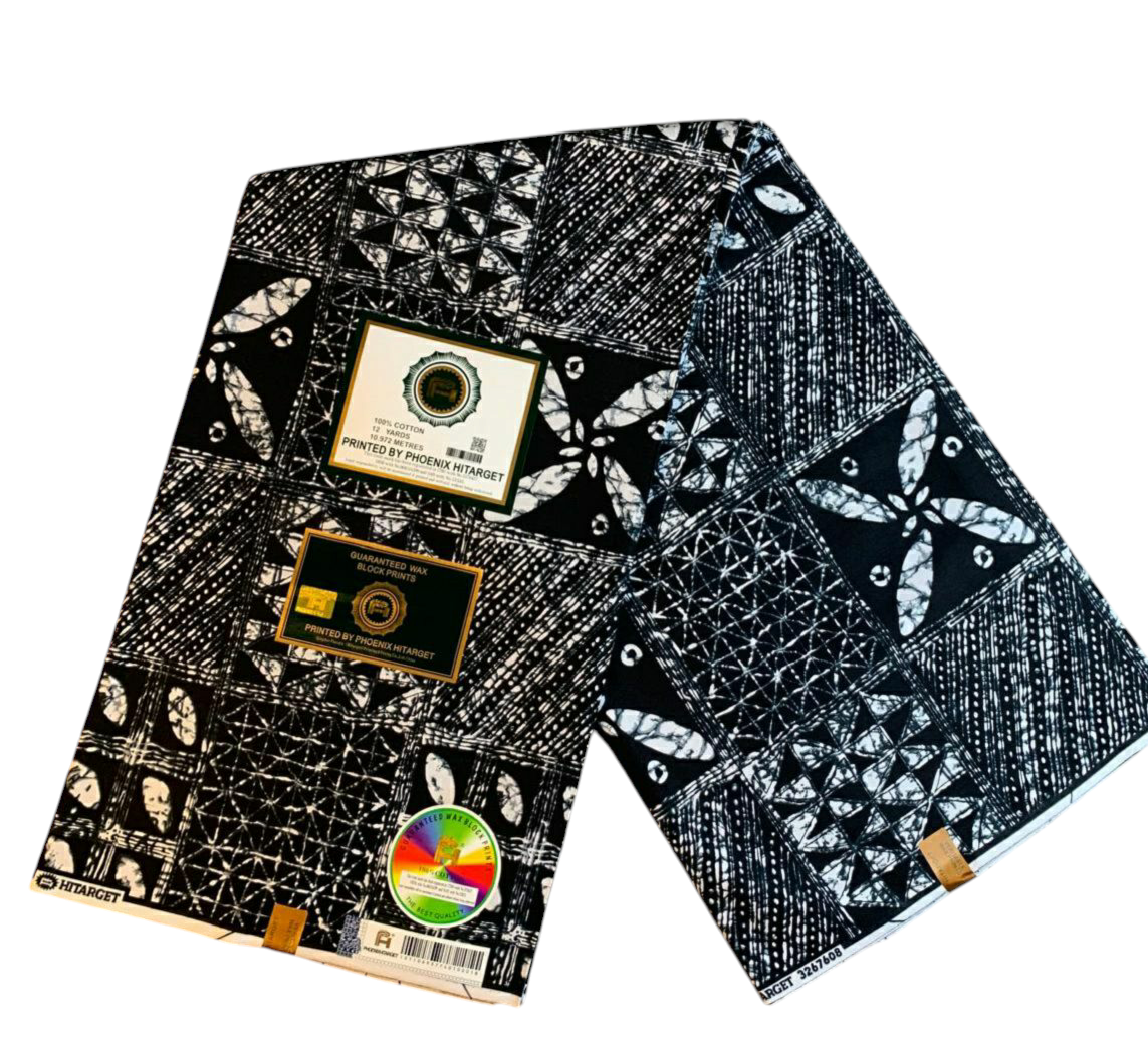 Tissus Wax Africain 100% Coton Ankara 1 à 6 yards Wax Hitarget Design Ethnique Yoruba Blanc et Noir