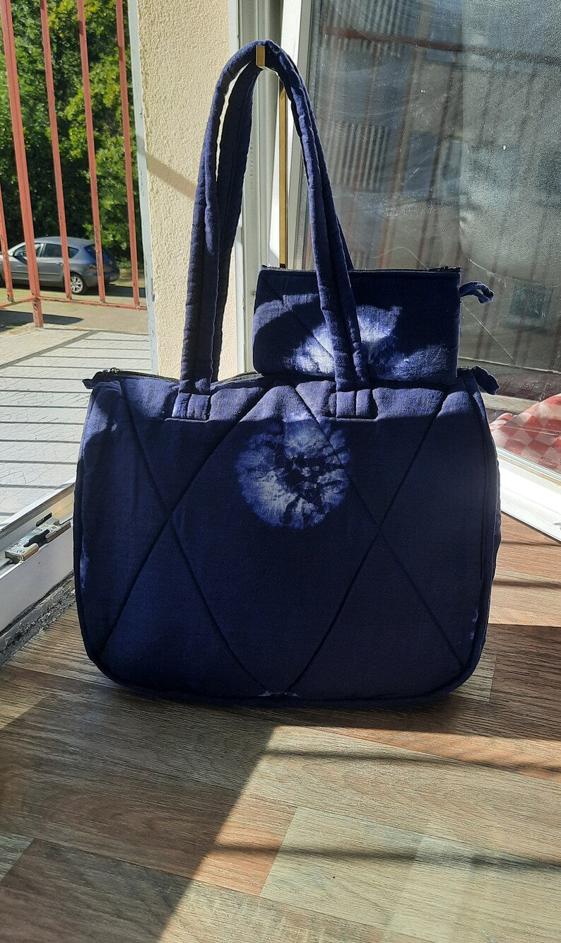 Large Quilted Bag in Indigo Blue Linen for Women