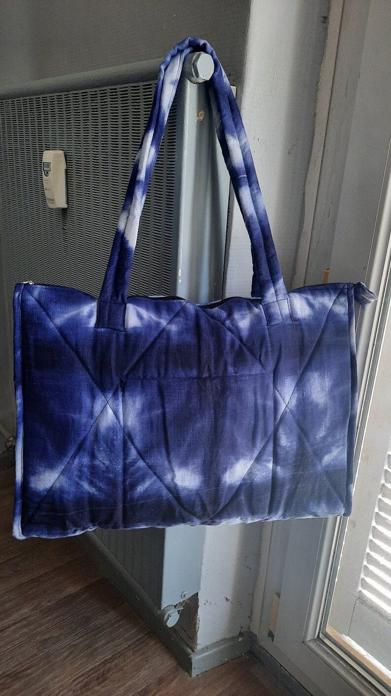Large Quilted Bag in Indigo Blue Linen for Women Rectangle