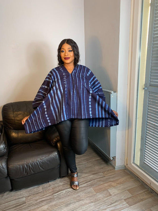 Indigo handgefärbtes Tye-and-Dye-Top, Adiré, Vintage-Bohemian-Stil