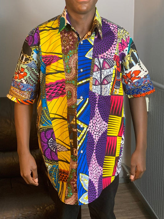 Herren-Patchworkhemd aus Wachs mit Ankara-Kragen, bunt, 100 % weiche Baumwolle, mehrfarbig.