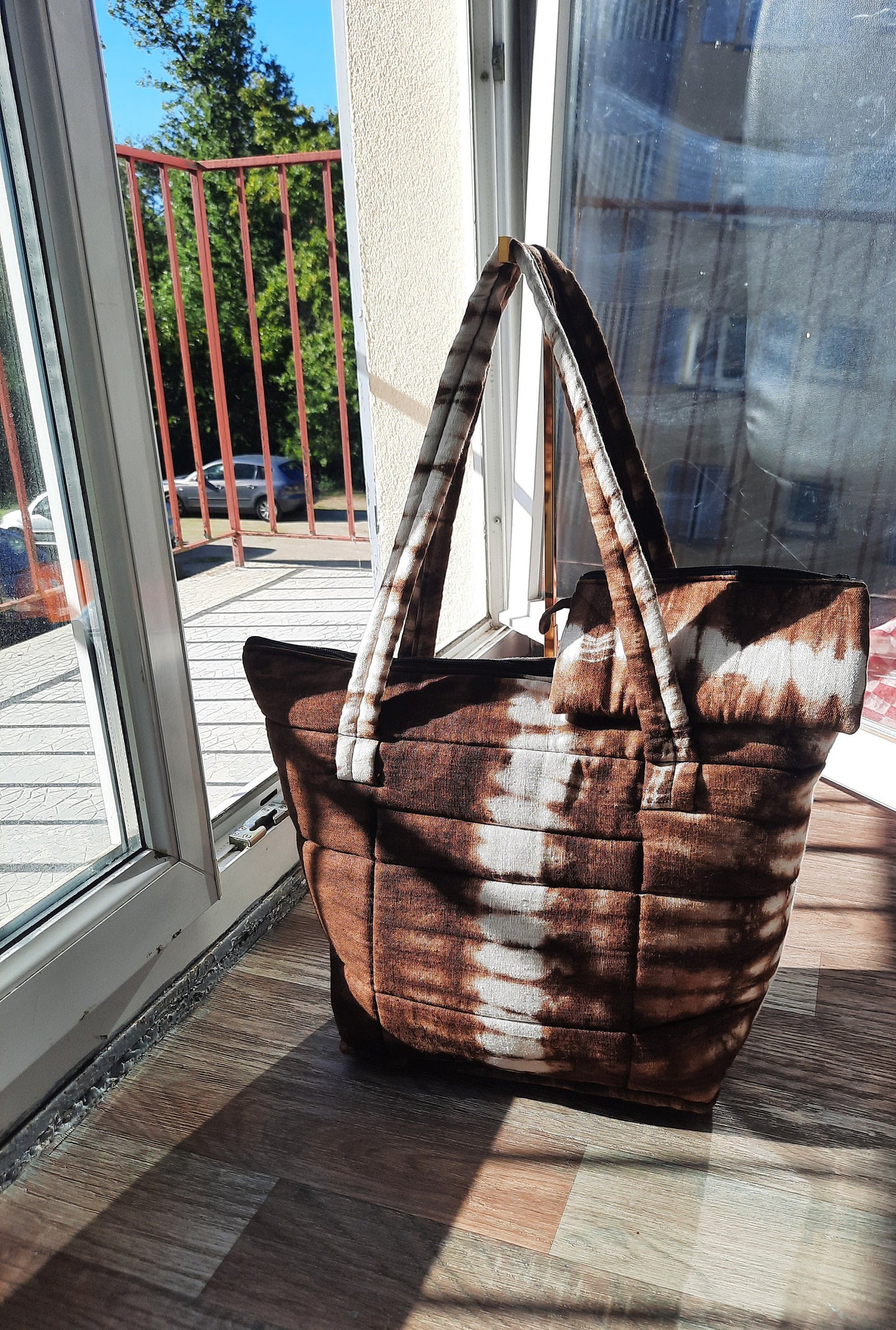 Large Quilted Linen Bag Brown Beige Indigo For Women