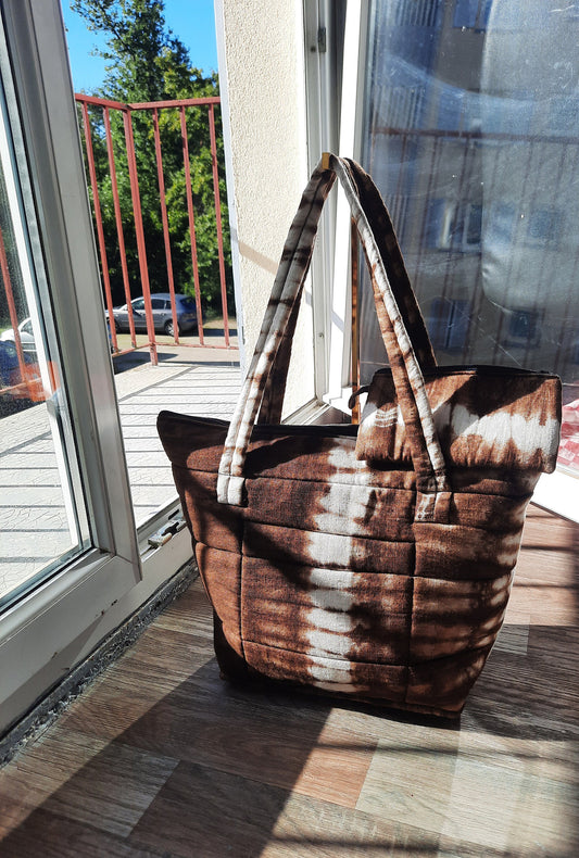 Große gesteppte Leinentasche Braun Beige Indigo für Damen