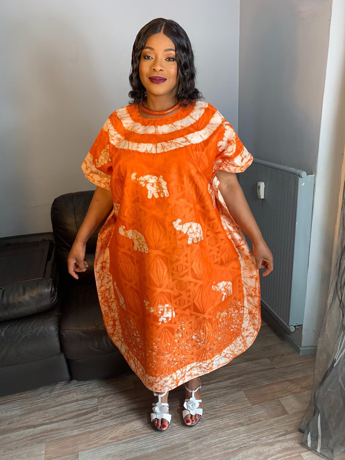 Orange Bohemian Style Batik Bazin Dress. Unique and Exclusive Dress. Patterned dress, design, pattern: elephants art.
