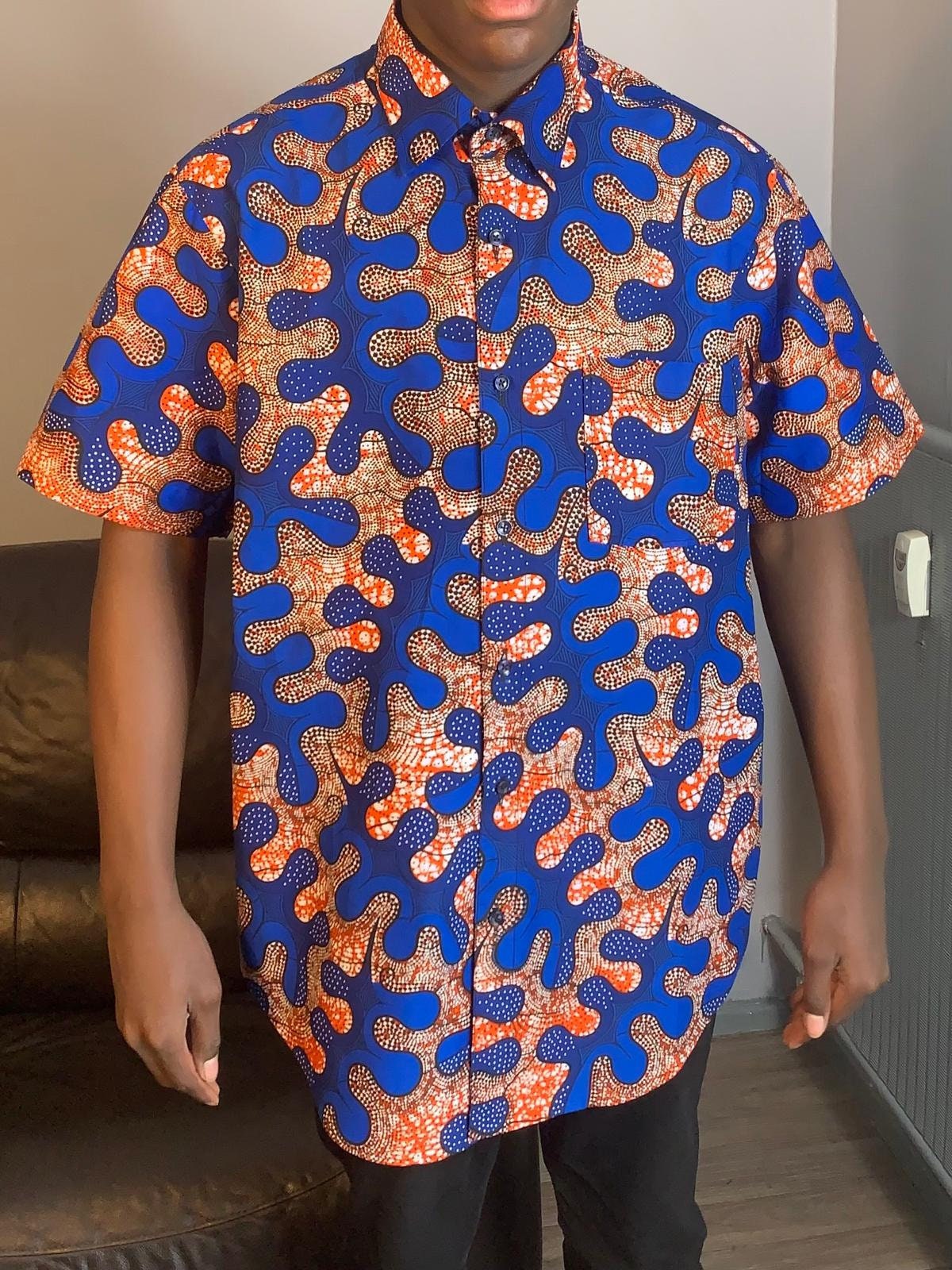Chemises Homme Wax avec col, Ankara Bleu 100%Coton Doux.