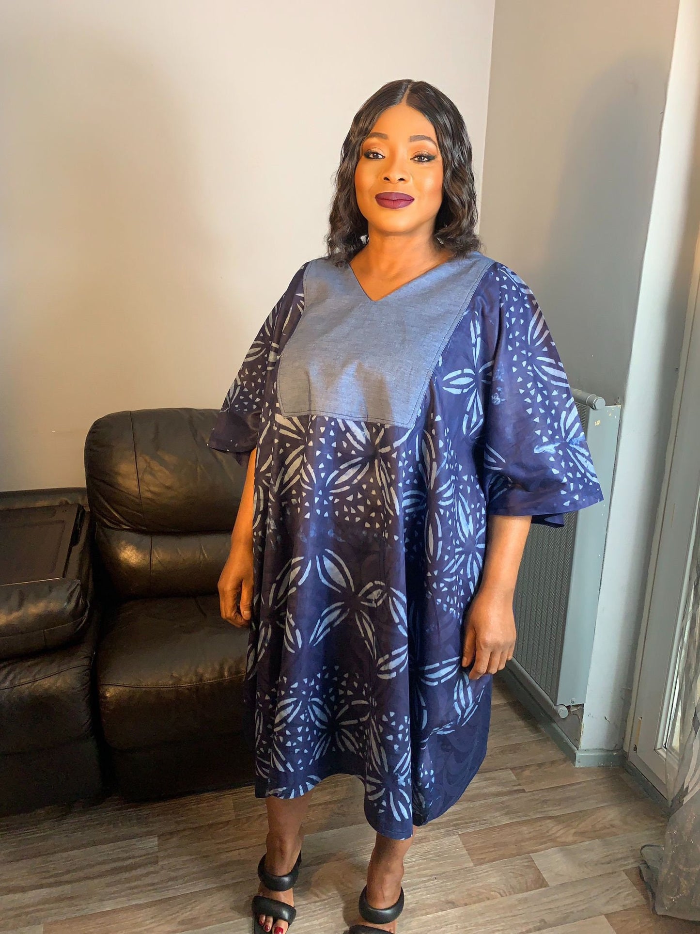 Robe femme, indigo , batik , kampala, Adire Tye and Dye.