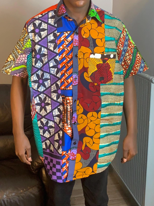 Herren-Patchworkhemd aus Wachs mit buntem Ankara-Kragen, 100 % weiche Baumwolle, mehrfarbig.