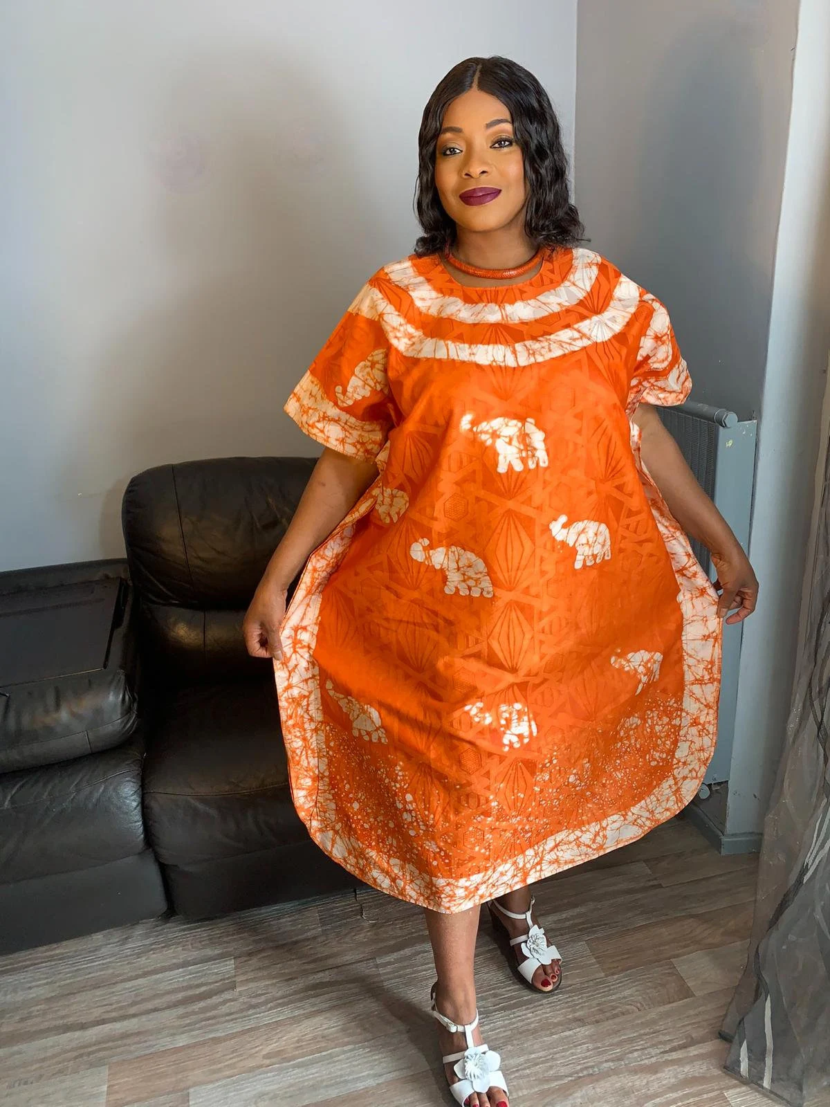Orange Bohemian Style Batik Bazin Dress. Unique and Exclusive Dress. Patterned dress, design, pattern: elephants art.