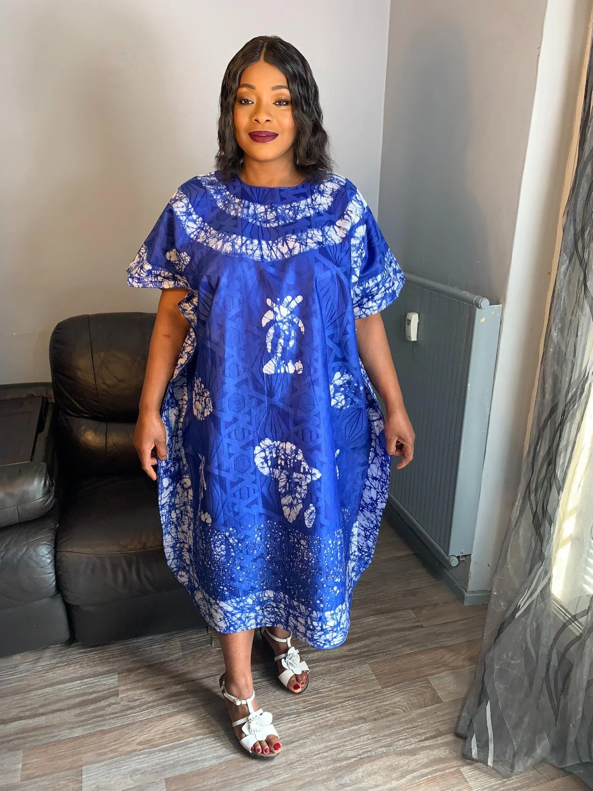 Royal Blue Bohemian Style Bazin Batik Dress. Unique and Exclusive Dress. Patterned dress, motif design: case, tata samba, Africa, art.