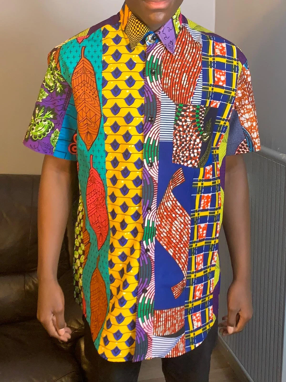 Chemise Homme Wax. Patchwork Avec Col Ankara Colorée 100%Coton Doux Multicolore