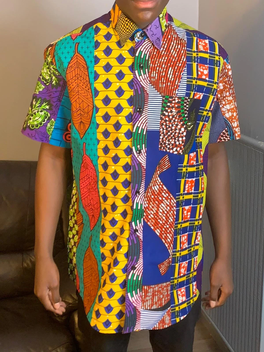 Wachshemd für Herren. Patchwork mit buntem Ankara-Kragen, 100 % weiche Baumwolle, mehrfarbig